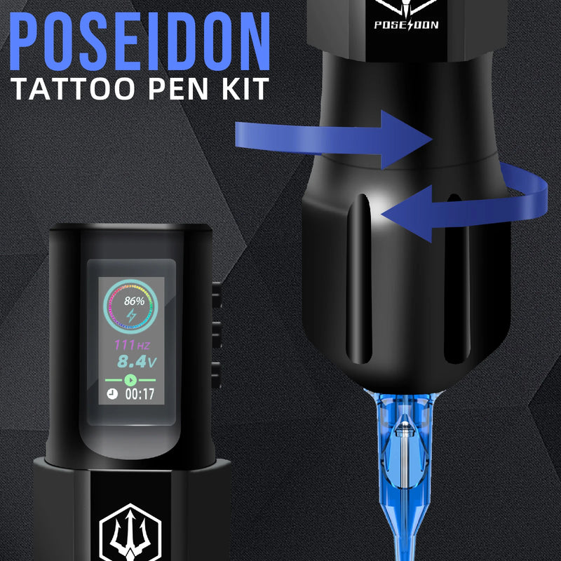 Kit de Tatuagem POSEIDON - Máquina de Tatuagem Wireless + Fonte de Energia + Caneta para Maquiagem Permanente - Tudo em Um para Profissionais