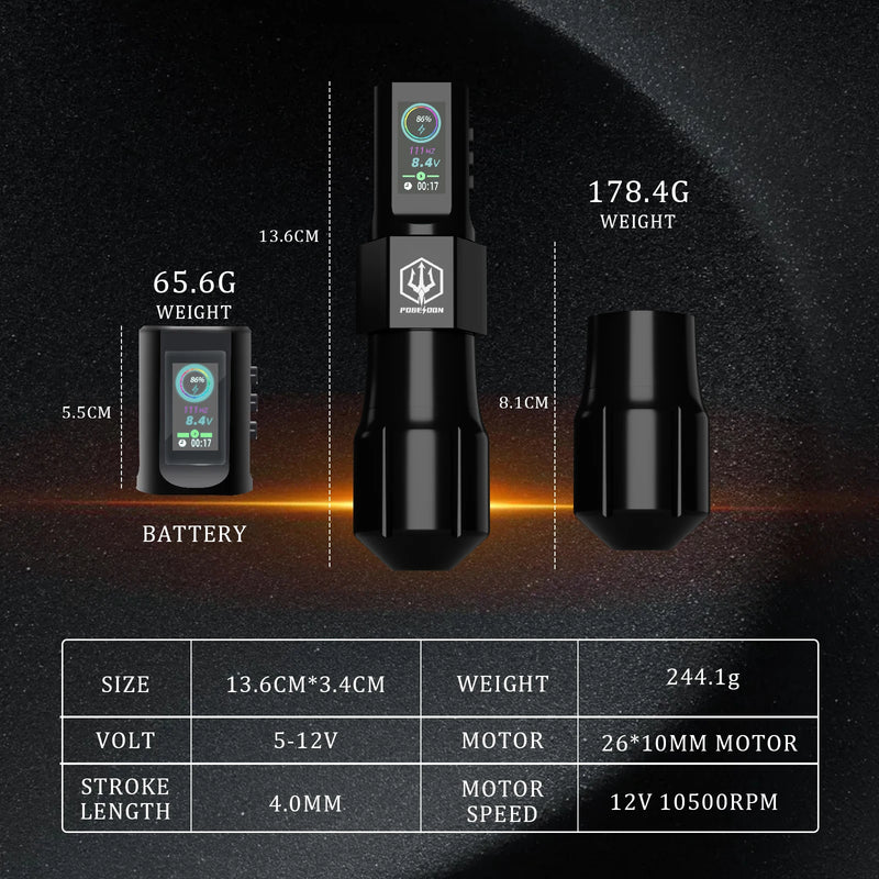 Kit de Tatuagem POSEIDON - Máquina de Tatuagem Wireless + Fonte de Energia + Caneta para Maquiagem Permanente - Tudo em Um para Profissionais