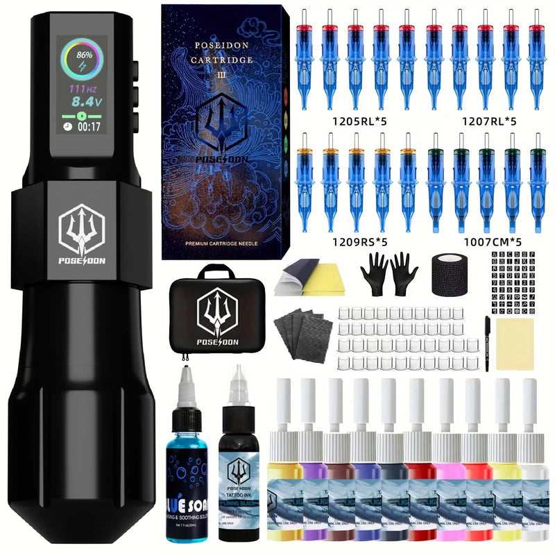 Kit de Tatuagem POSEIDON - Máquina de Tatuagem Wireless + Fonte de Energia + Caneta para Maquiagem Permanente - Tudo em Um para Profissionais