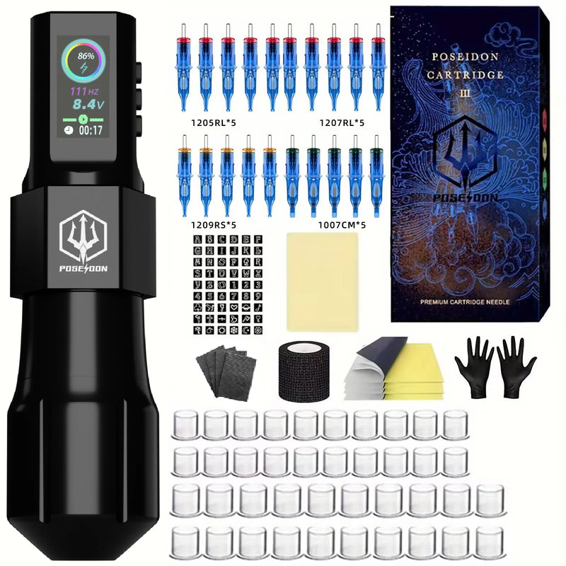 Kit de Tatuagem POSEIDON - Máquina de Tatuagem Wireless + Fonte de Energia + Caneta para Maquiagem Permanente - Tudo em Um para Profissionais