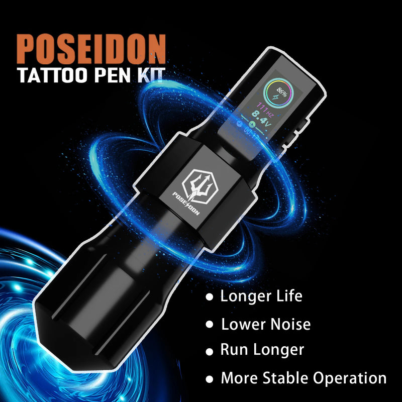 Kit de Tatuagem POSEIDON - Máquina de Tatuagem Wireless + Fonte de Energia + Caneta para Maquiagem Permanente - Tudo em Um para Profissionais